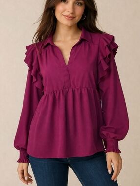 UMGEE Magenta Double Ruffle Peplum Poet Blouse